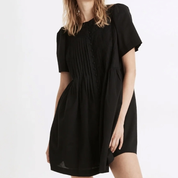 Madewell Dresses & Skirts - Madewell Black Short Sleeve Lace-Trim Pintuck Button-Front Mini Dress - Size XL